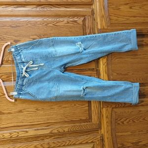 Sidefeel Women Pull-on Distressed Denim Joggers Elastic Waist Stretch Pants